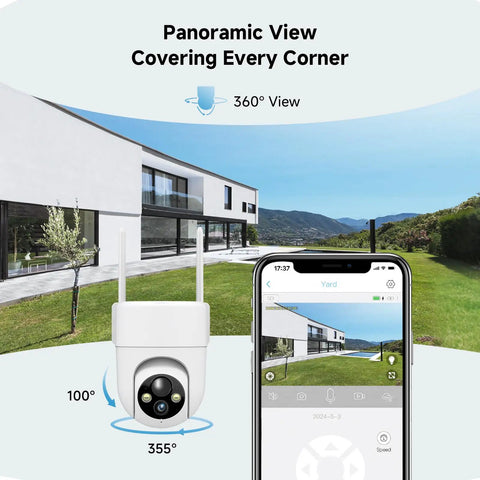 2K Solar Wireless Outdoor Security Cameras 2 Pack With 360 Degree Panoramic View Color Night Vision And Four Times Digital Zoom For Your Home Security Setup Works With 2.4GHz WiFi Only Weatherproof Outdoor Cameras mounted on house