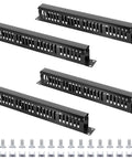 Four Pack 19 Inch 1U Server Rack Cable Management Kit With 24 Slot Horizontal Cable Raceway Gear; black raceways with screws