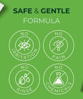 Front view of eyelid and lash wipe packaging on green background with no irritation, no pain, no rinse, no chemicals icons