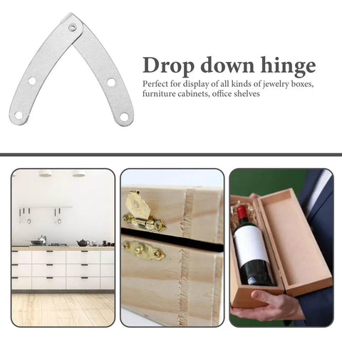 10 Pack Silver Tone Drop Down Lid Hinges With Lid Stay Support for Flap Doors and Cabinets displayed in kitchen and wine case