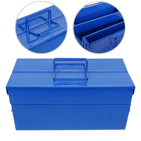 Badass Blue Iron Double Layer Toolbox Organizer With Grip Carry Handle Portable Heavy Duty Build for Garage Setup or Job Site Grind To Keep Tools Locked In, with ergonomic handle and compartments.