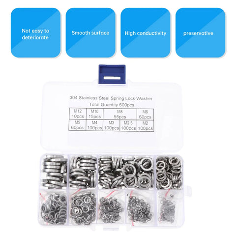 600 Piece Stainless Steel Spring Lock Washer Kit To Prevent Loosening And Handle Alternating Load with labeled box compartments