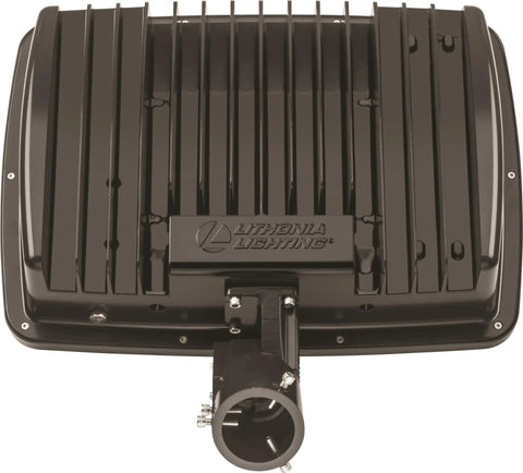 Pro Gear Outdoor LED Floodlight With Slipfitter Mount In Bronze shown from the top, featuring a sturdy design with heat sink fins.