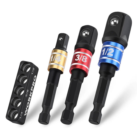 Impact Grade Socket Adapter Set for Quick Change Systems Converts From Hex Shank To One Quarter Inch Three Eighths Inch And One Half Inch Square Drives With Extension Bit Holder For Drills And High Torque Wrenches For Pros And DIYers showing three color-coded adapters with holder