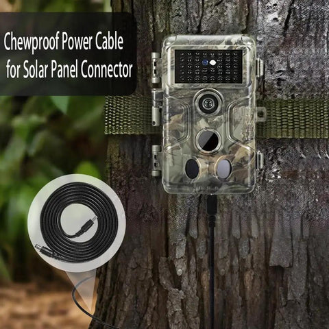 Tough As Nails Chew Resistant Power Cord For Trail Cameras features 5.5Mm X 2.1Mm to 4.0Mm X 1.7Mm DC plugs connected to a trail camera.
