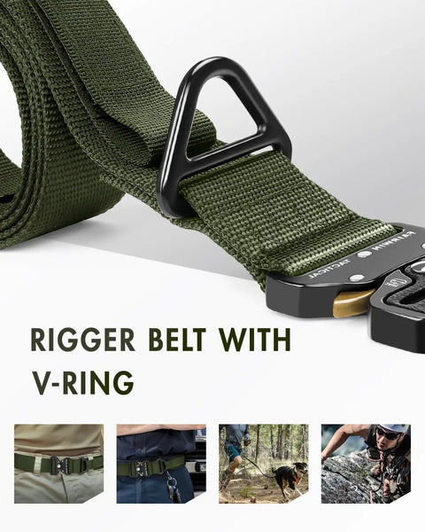 Rigger Tactical Belt For Men With Quick Release V Ring Buckle Heavy Duty Nylon Web Work Belt 45 Inch Length 1.5 Inch Width Fits 30 To 36 Inch Waists Built For The Job Workhorse Tough And Reliable in green with V-ring buckle