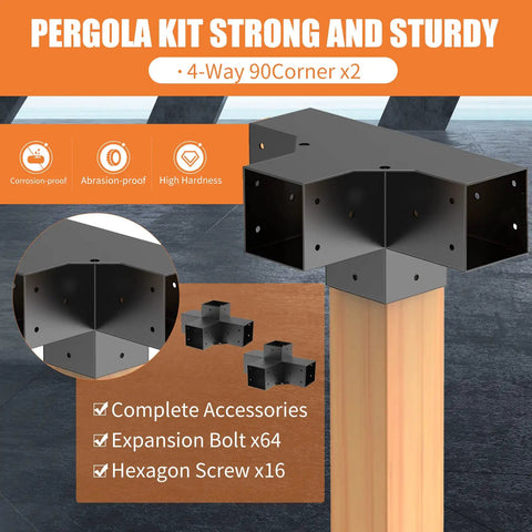 4-Way Right Angle Pergola Brackets for 3.5x3.5 Inch Lumber, Heavy-Duty Steel Corner Brackets for DIY Gazebo and Deck Supports, 2 Pack With Screws, Rust-Resistant Finish, Easy Install