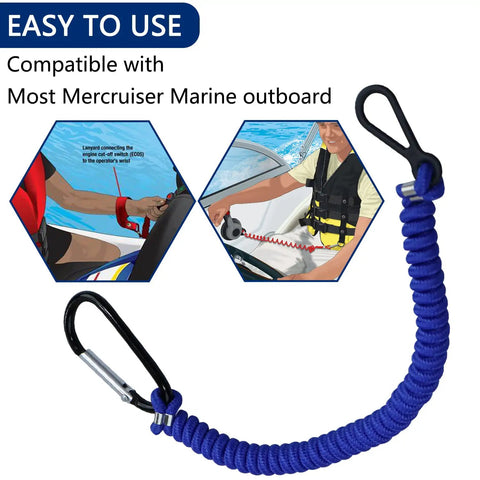 Boat Kill Switch Lanyard Replacement Tether 54 Inch Blue For Outboard Boats Safety Lanyard Cord shown in use on boat