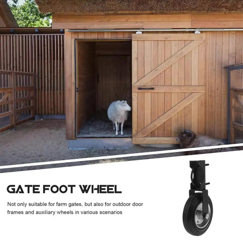 Professional Grade Heavy Duty Gate Foot Wheel Giving Rugged 500 Pound Support For Smooth Farm Gate Rolling in use with barn door.