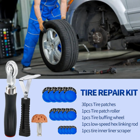 Top Shelf 33 Piece Tire Patch Kit With 30 Rubber Inserts In Three Sizes Plus Roller And Scraper For Quick Car Motorcycle And Bike Repairs That Make Fixing Flat Tires A Snap Hella Tough Gear For Every Road, tools and patches shown while repairing a tire.