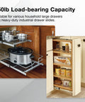 Heavy Duty Full Extension Drawer Slides Ball Bearing Side Mount Rails Built Tough For Heavy Loads And Smooth Pulls installed in cabinet with pots and pantry items.
