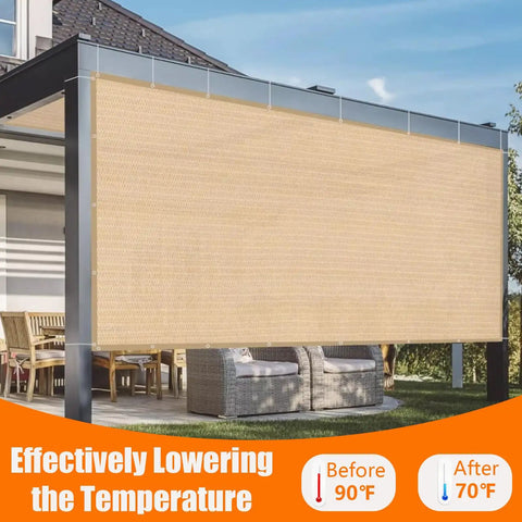90 Percent Sun Block Shade Cloth 12x24 Ft for outdoor deck, beige premium HDPE knit with 185 GSM for strong UV protection installed