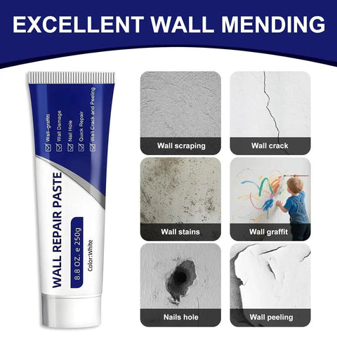 No Sweat Drywall Repair Kit Including Heavy Wall Patch Paste Designed To Completely Seal Nasty Cracks, view of wall mending paste tube and examples of use.