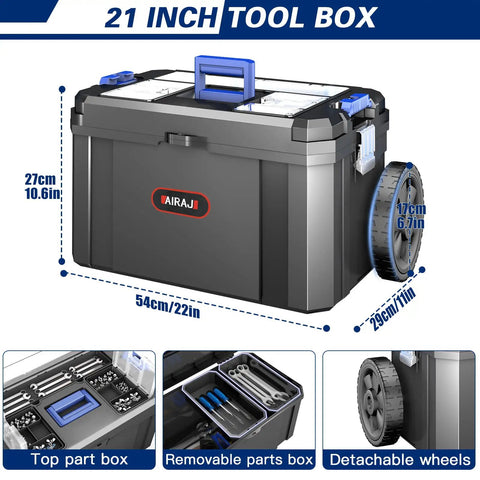 21 inch toolbox from the 3 In 1 Rolling Toolbox With Wheels, Stackable Modular Tool Storage System, with detachable wheels and removable parts box organizer.