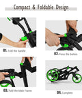 Steps to fold the Aluminum Three Wheel Golf Pull Cart Featuring A Spinning Front Roller Manual Foot Brake Adjustable Height Bar.
