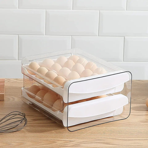 Clear Plastic Egg Holder With Two Layer 40 Egg Capacity Drawer Style Fridge Storage Box For Fresh Eggs visible on countertop
