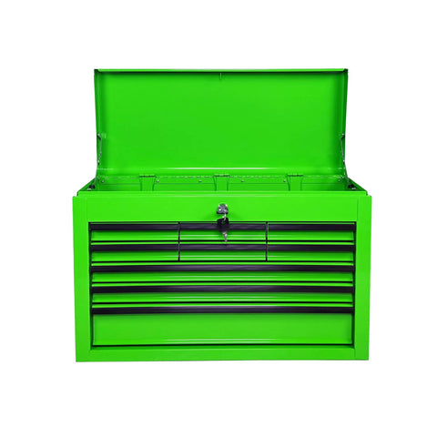 Heavy Duty 24 Inch Metal Tool Chest With Nine Ball Bearing Drawers Eva Lined Organizers Smooth As Silk Glides front view with lid open.