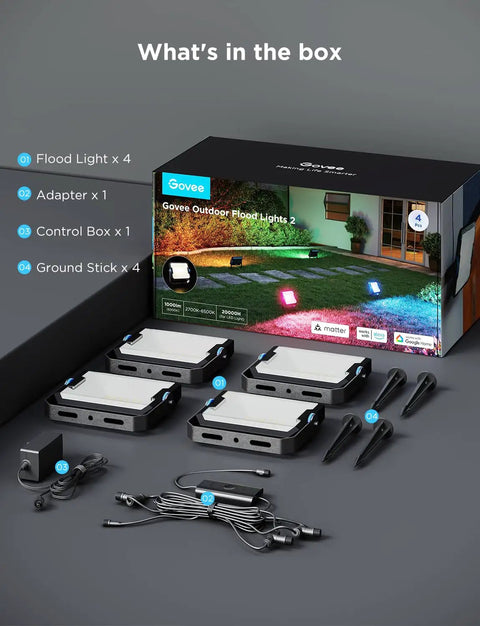 Beast Mode Outdoor Flood Lights Wired Four Pack With Slick IP66 Weatherproof Build Featuring Smart RGBIC Tech and Music Sync To Drop 16 Million Vivid Colors For Your Driveway Or Backyard Setup, showing contents in the box.