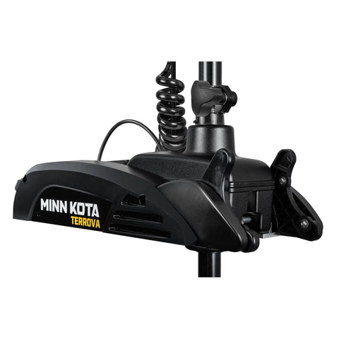 Dope Freshwater Bow Mount Electric Trolling Motor With GPS Spot Lock And Mega Down Imaging Packing 112 Pound Thrust On A 60 Inch Shaft front view showing Minn Kota Terrova design.