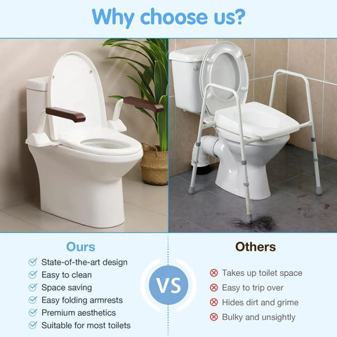 Rock Solid Toilet Safety Rails For Seniors With Flip Up Armrest Handles Heavy Duty Bathroom Support Bars Adjustable Mounting For American Standard Toilets Hella Stable Senior Care Assist Bar comparison showing design differences.