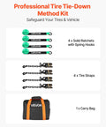 Heavy Duty Tire Safe Ratchet Strap Kit With Thick Rubber Blocks And Beefy Steel Hooks Secure Motorbikes And Atvs And Suvs Road Ready Tie Down System For Tough Hauls includes 4 ratchets and 4 straps in carry bag.