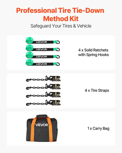 Heavy Duty Tire Safe Ratchet Strap Kit With Thick Rubber Blocks And Beefy Steel Hooks Secure Motorbikes And Atvs And Suvs Road Ready Tie Down System For Tough Hauls includes 4 ratchets and 4 straps in carry bag.