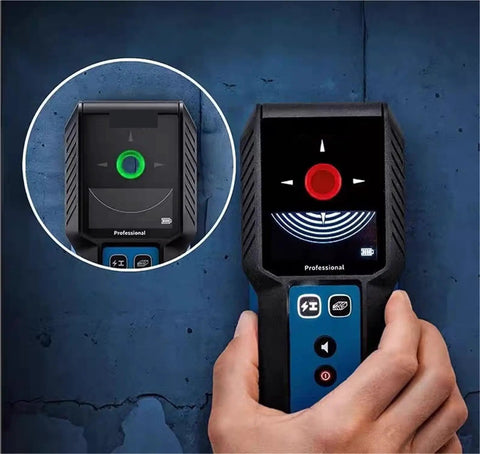 Pro Grade Auto Calibrating Stud Finder Wall Scanner handheld device displaying live wire detection on screen, suitable for drywall.