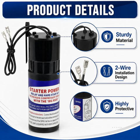 Heavy Duty Hard Start Capacitor Kit 2 Pack For Air Compressors 115V To 288V Universal Hvac Turbo Kickstart Voltage Surge Protector, showing 2-wire design and sturdy material.