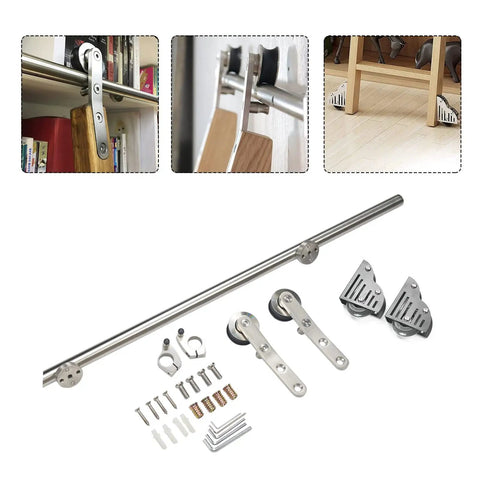 Hella Smooth Stainless Steel Sliding Barn Door Hardware Kit showing rail, rollers, and installation parts.