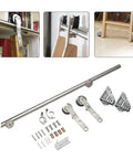 Epic Sliding Ladder Track Kit Adjustable 6.6 To 13 Ft Stainless Steel Round Tube Mobile Hardware For Library Loft Storage Smooth Glide Action components with wheels and screws.