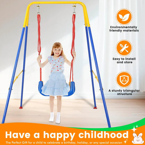 All In One Toddler Swing Set With Metal A Frame Stand Foldable Baby Swing Frame Easy Assembly And Storage Indoor Outdoor Swing Stand For Toddler Jumper Chair Seat Sturdy 165 Lb Capacity shown indoors with girl sitting