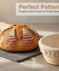 Banneton Bread Proofing Basket Set With Liners, Sourdough loaf with spiral pattern next to rattan basket on floured surface.