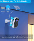 3MP 2K Solar Security Camera Wireless Outdoor No-Hassle Rechargeable Battery Powered WiFi Surveillance With Spotlight Siren mounted on wall.