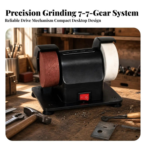 Solid As A Rock Desktop Bench Grinder With Grippy Base For Grinding Sharpening Polishing And Daily Shop Work on wooden workbench.