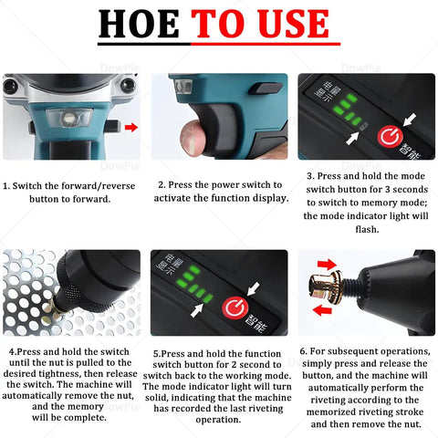 Instructions for Portable Electric Automatic Rivet Nut Gun Kit With LED Lighting, showing power button and function switches.