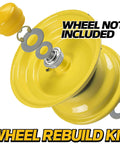 Complete Heavy Duty Steering Spindle Repair Kit With Reinforced Steel Shielded Ball Bearings And No Sweat Bushing To Bearing Conversion Hardware For Big Iron yellow wheel rebuild kit parts including bearing and washers.