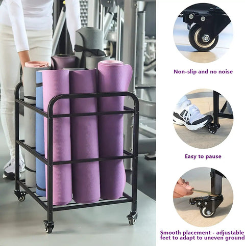 Rock Solid Black Yoga Mat Storage Rack With Smooth Rolling Wheels For Home Gym Studio Setup Holds Foam Rollers Resistance Bands And Straps Clean All Week Long, showcasing colorful yoga mats and rolling wheels.