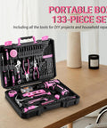 Badass Pink 12V Cordless Drill Driver Kit for Women With Legit Storage Case Built for Weekend Warriors and DIY Besties Ready to Nail Any Home Project Smooth Operator Heavy Duty Repair Tool Set Renewed in open black tool case, showing 133-piece set.