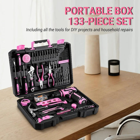 Badass Pink 12V Cordless Drill Driver Kit for Women With Legit Storage Case Built for Weekend Warriors and DIY Besties Ready to Nail Any Home Project Smooth Operator Heavy Duty Repair Tool Set Renewed in open black tool case, showing 133-piece set.