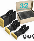 Badass 32 Piece Titanium Oscillating Multi Tool Blade Set For Heavy Duty Metal Cutting Wood Planks Nails Removal And Plastic Demolition Projects With Sharp Kick Ass Edges And Top Shelf Durability in a metal storage case.