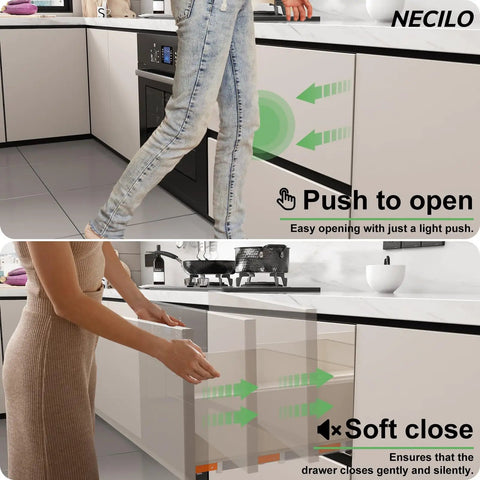 High Capacity 14 Inch Push To Open Soft Close Undermount Drawer Slides shown in a kitchen with push mechanism and soft close features.