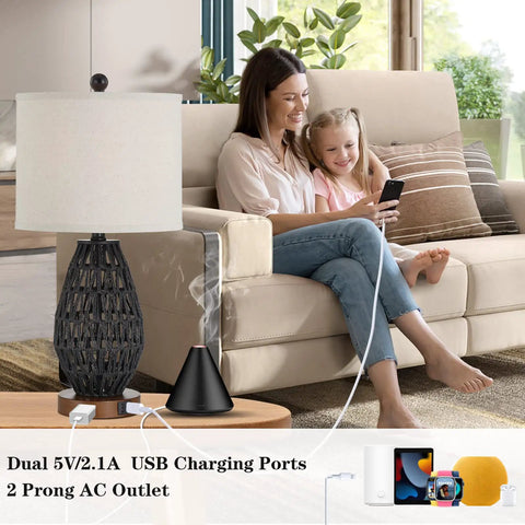 Touch Control Rattan Table Lamps Set Of 2 With 3 Way Dimming USB Ports And AC Outlet on a side table with a sofa in the background