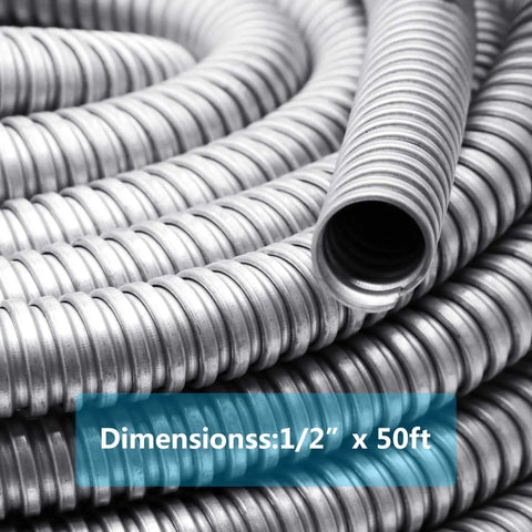 Coiled view of 50 Ft Half Inch Reduced Wall Flexible Metal Conduit in Galvanized Steel for outdoor low voltage electrical wiring