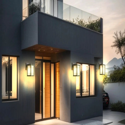 Modern Premium Matte Black Outdoor Wall Lights, Waterproof E26 Porch Lanterns mounted on a modern house exterior.