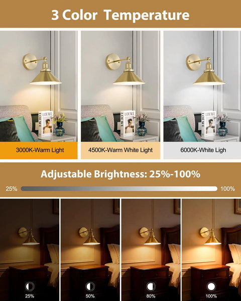 Gold Vintage Wireless Battery Operated Wall Sconces Set Of 2 With Remote Control showing 3 color temperature options and adjustable brightness.