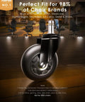 Heavy Duty Office Chair Wheels Set Of Five Black Roller Blades close-up wheel on hardwood floor, 3-inch diameter, silent operation.