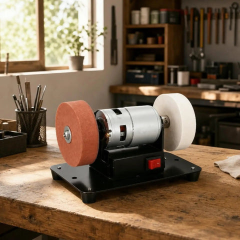 Kickass Twin Wheel Bench And Precision Sharpening Table Featuring Heavy Duty Steel Frame For Real World Projects And Dependable Motor Housing For Any Serious Shop Setup on wooden workbench.
