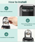 Installation guide for Built Different Smart Key Lock Box With Bluetooth App Control and Pin Code Access, showing steps to attach padlock.