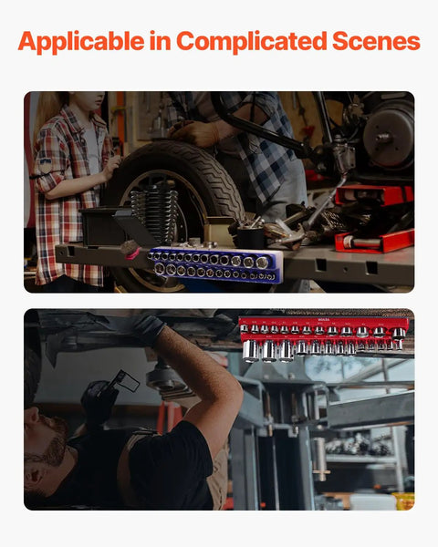 Top Tier Magnetic Socket Organizer Set Featuring Six Heavy Duty Holder Trays, shown being used in DIY automotive repair.