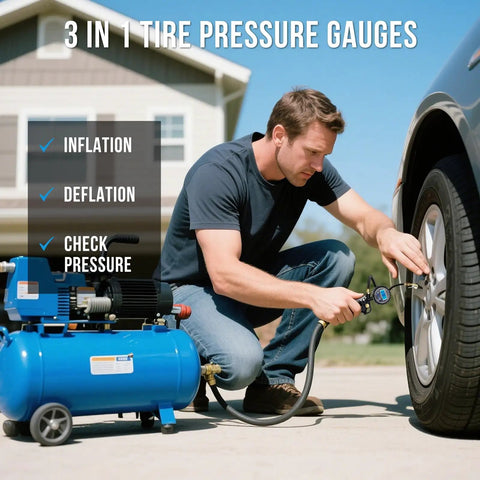 Man using Digital Tire Pressure Gauge With Inflator 3 To 250 PSI Kit on car tire, includes air chuck quick connect coupler and rubber hose.